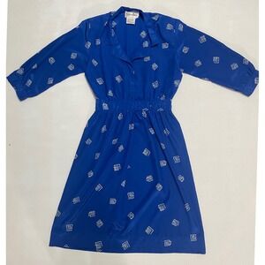 Peggy Royal Blue Geometric Print Button Front Belted Midi Dress Size 8 P Vintage
